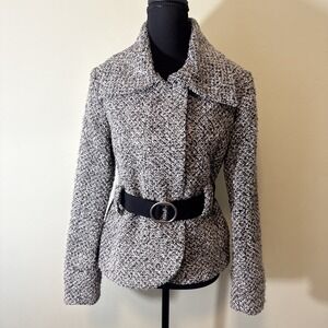 Vintage Y2K Style Jacket Coat Belted Tweed Black Gray Gold Collar Womens Size 6‎